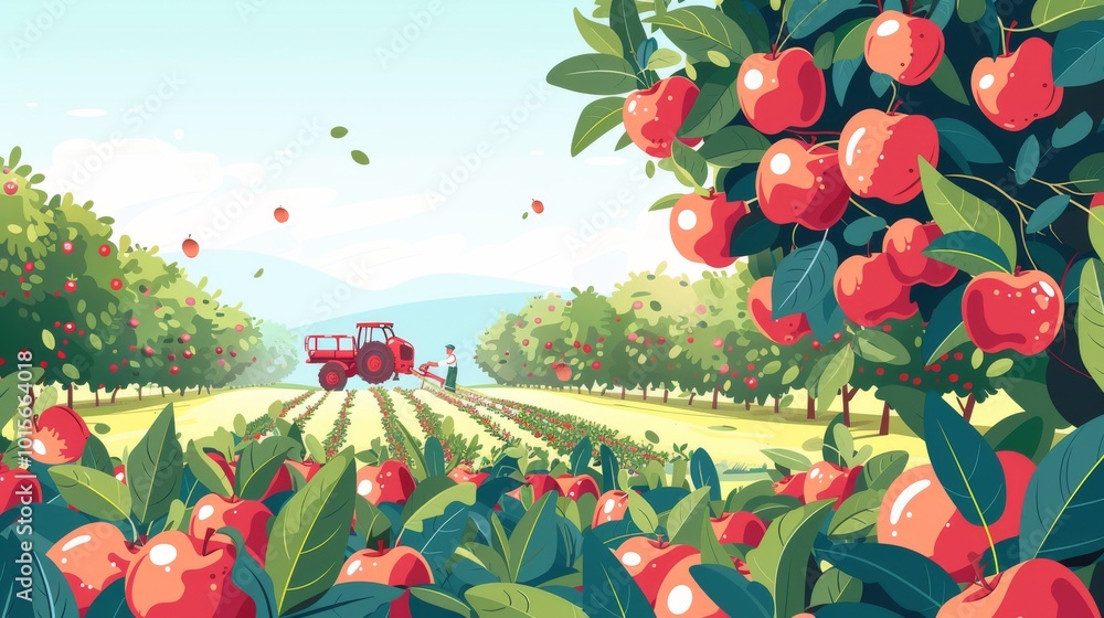 Poster a farm scene with a tractor and a man working in the field