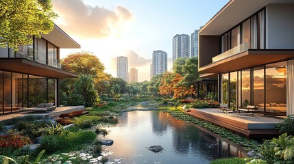 Fototapeta premium An expansive and beautiful vista reveals a scenic city skyline, surrounded by nature’s rolling hills and the vibrancy of a new day.