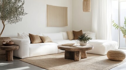 A spacious living area showcases a contemporary design with white sofas, wooden tables, and natural decor. The soft light filters through sheer curtains, enhancing the warm, inviting atmosphere.