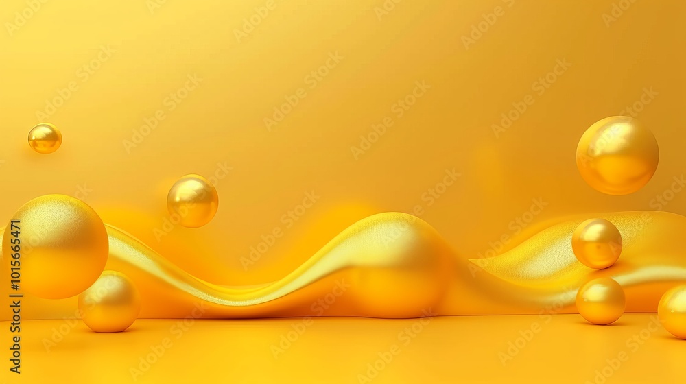 Aufkleber a modern abstract composition featuring floating golden spheres and smooth, undulating waves in a vi