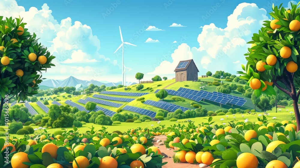 Poster a field of oranges with a windmill in the background