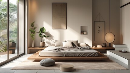 a simple bedroom with an airy atmosphere, few decorations, and a sleek bed frame