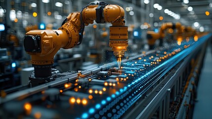 An industry 4.0 concept image focusing on production management, efficiency, and quality optimization in manufacturing.