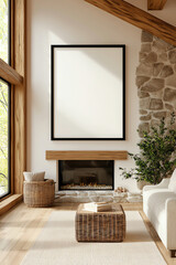 Cozy living room interior featuring a fireplace, natural light, and a blank canvas for art. Perfect for modern home styling.
