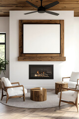 Cozy living room with modern decor, featuring a fireplace, wooden furniture, and a minimalist aesthetic for relaxation.