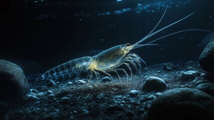 Glowing Translucent Shrimp in Deep Sea Environment