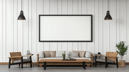 Modern living room with minimalist design featuring a large blank frame, wooden furniture, and stylish lighting.