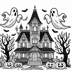 Kids' Halloween coloring pages with a frightening haunted mansion and goofy ghosts.