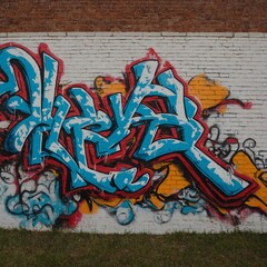 Eky’s graffiti art with abstract forms and bright, bold colors, covering a classic brick wall...