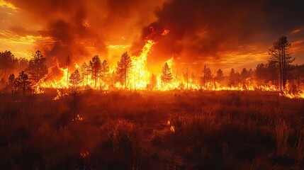 Fototapeta premium An uncontrolled wildfire spreads rapidly, endangering nearby communities and wildlife.