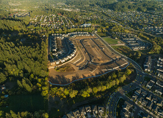 A city view with a large green area in the middle