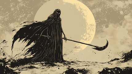 Person scythe standing front full moon long cloak vibes profile ghostly necromancer undead desert lich pharaoh shadows screaming wanderers traveling death android. Undead Pharaoh. Illustration