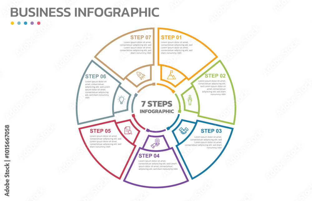 Poster Visual data presentation. Cycle diagram with 7 options. Pie Chart Circle thin line infographic template with 7 steps, options, parts, segments. Business concept. Marketing infographic outline style.