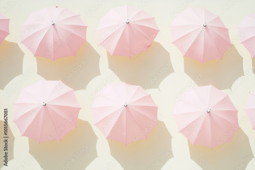 Poster pastel pink umbrellas on cream background - clean, minimalist composition with repeating pattern