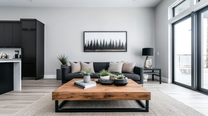 Modern living room with a gray sofa, wooden coffee table, and a large window.