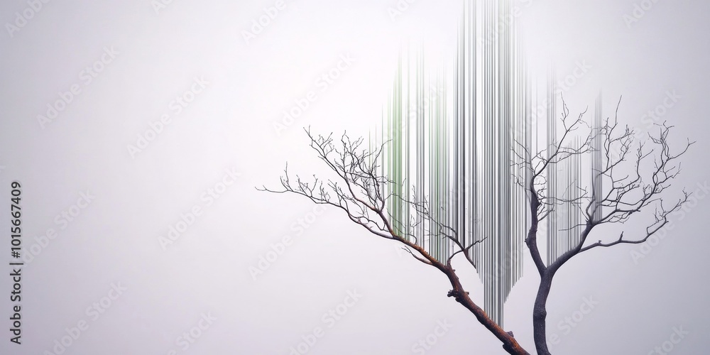Poster minimalist tree branches transforming into digital lines against a plain background