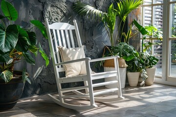 Obraz premium White outdoor rocking chair with armrests on the patio, surrounded by lush plants and potted greenery, captured in high definition photography.