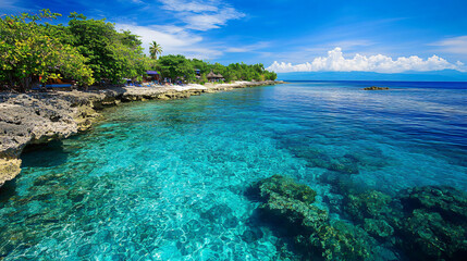 Fototapeta premium A beach with clear blue waters and coral reefs just beneath the surface, ideal for snorkeling.