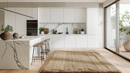 A minimalist kitchen with sleek white cabinets, a marble countertop, and a natural fiber rug.