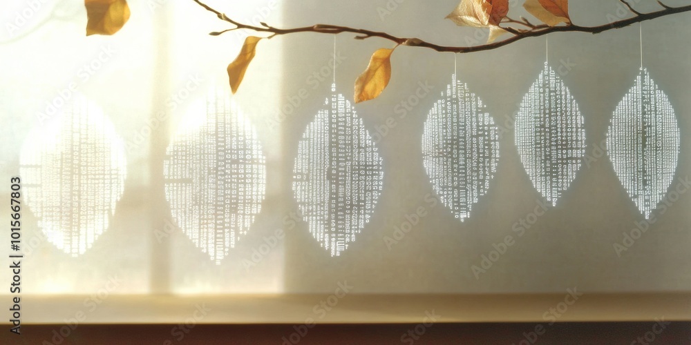 Leinwandbilder Minimalist Art Leaves with Binary Code Hanging from Tree Branches in Soft Daylight