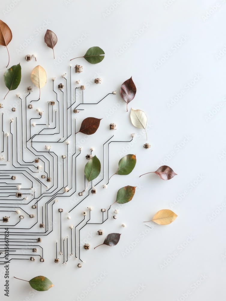 Aufkleber Minimalist Leaves and Branches Arranged to Form a Circuit Board on White Background