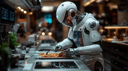 Fototapeta premium Futuristic Robot Chef Cooking