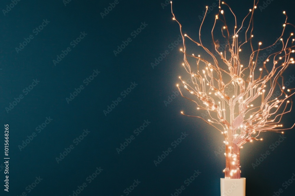 Poster minimalist electronic circuit tree silhouette art on dark background with glowing branches