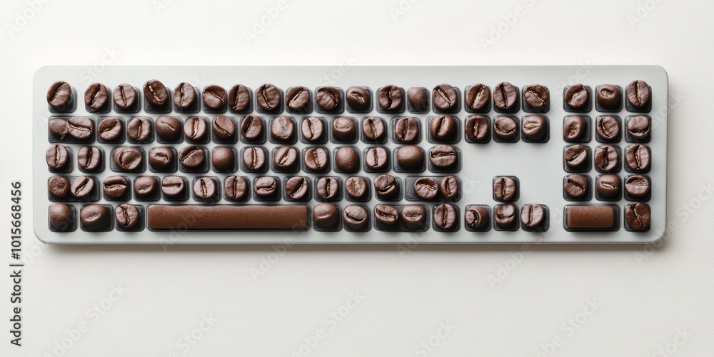 Poster minimalist keyboard artwork with coffee beans replacing keys - creative concept in stock