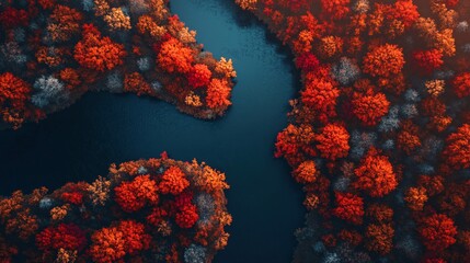 Winding River Through Dense Forest in Autumn Colors