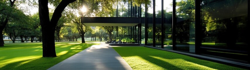 Modern Art Surrealism of A serene outdoor view of a green business park with modern office buildings, trees, and walking paths, symbolizing sustainability and environmental consciousness in the