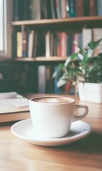 Fototapeta premium Cozy Cafe with Coffee Cup and Sustainable Decor – Books and Plants in the Background