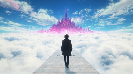 Obraz premium A lone figure walks towards a magical city in the clouds. The city is bathed in pink and white light, casting an ethereal glow.