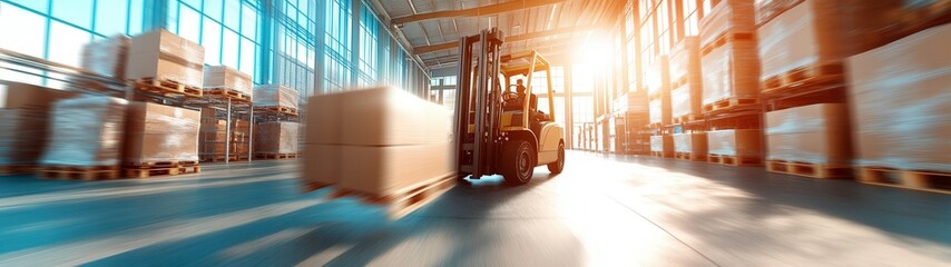 anaglyphic holographic of A wide-angle view of a warehouse filled with shelves stacked neatly with boxes and products, with a forklift moving in the background and large windows allowing natural