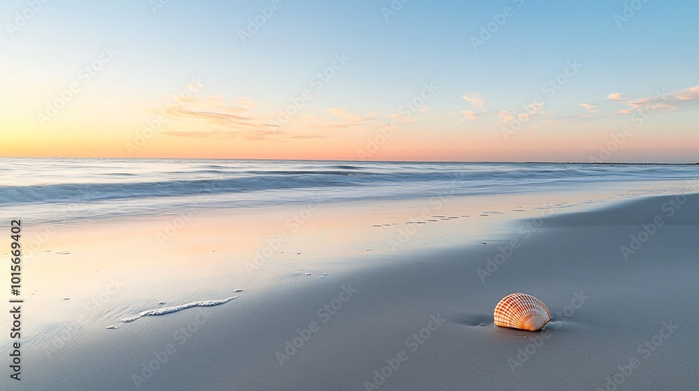 Poster a single seashell sits on a pristine sandy beach with the ocean in the background. the sky is a soft