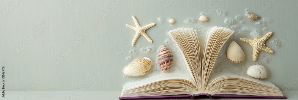 Poster creative minimalist graph of water formed in book shape with shells and starfish elements on light b
