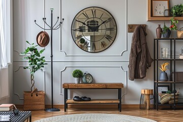 Elegant modern metal hall tree with mirror, coat rack, and brown leather shoe bench for entryway decor, featuring a cozy atmosphere with natural lighting and warm tones.