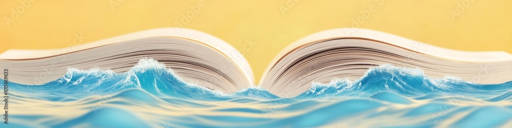 Poster creative minimalist graph of open book with ocean waves forming from pages on yellow background