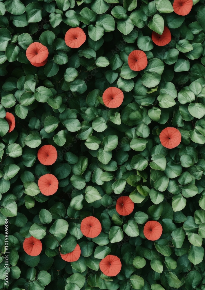 Poster Symmetrical Aerial View of Red Circular Frames on Lush Green Foliage with Soft Lighting