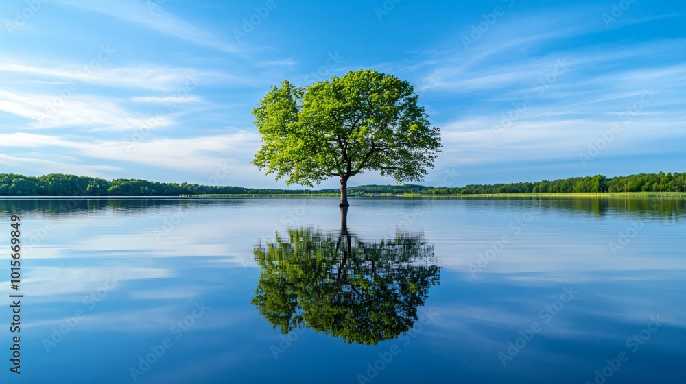 Poster a single tree stands in the middle of a calm lake with its reflection mirrored perfectly in the wate
