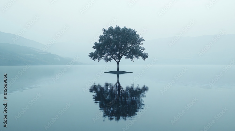 Aufkleber a single tree stands alone in a misty lake, its reflection creating a symmetrical image.