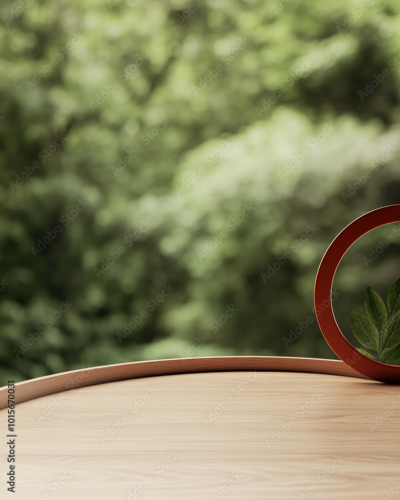 Aufkleber Minimalist Wooden Table with Circular Frame and Forest Bokeh Background for Product Display