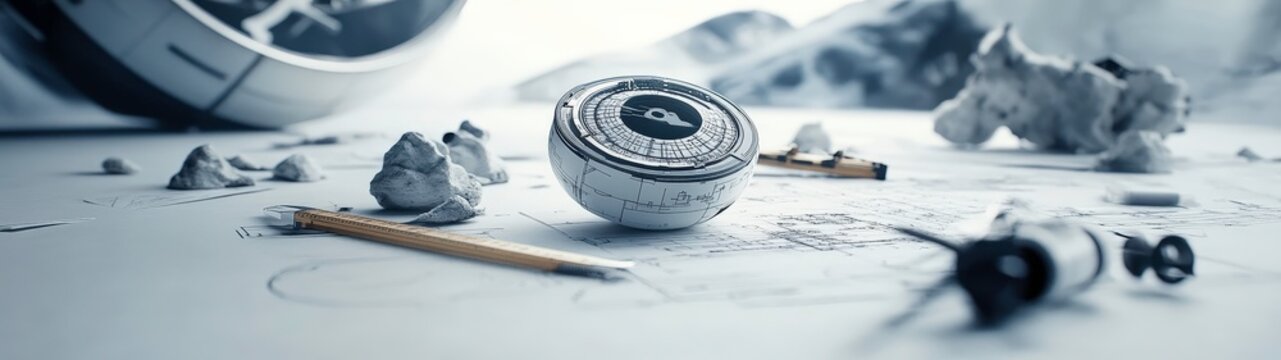 mimeograph lithograph Holographic of Close-up of blueprints and schematics scattered across a white table, accompanied by a precision scale ruler and drafting compass