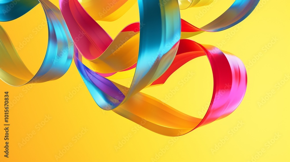 Poster bright and flowing multicolored ribbons twist and curl in an abstract display against a vivid yellow