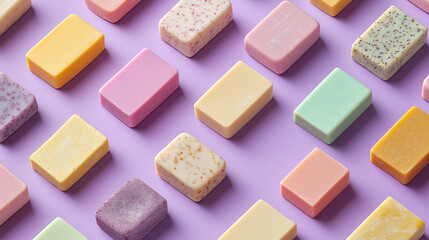 a background of various solid soaps arranged symmetrical with soft shadow effects, creating a sense of depth, on a soft purple background