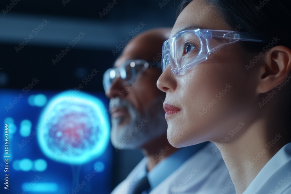 Aufkleber Diverse Scientists Analyzing Data in Futuristic High-Tech Lab with Digital Screens