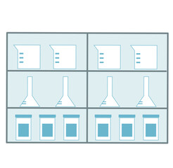 ビーカー、三角ビーカー、薬品の瓶、実験室の棚のベクターイラスト