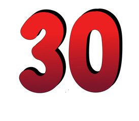 3D Number 30 thirty gradient red color on transparent background for design elements0