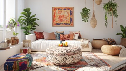 A beautifully designed living room featuring a white couch adorned with colorful pillows, a patterned rug, and a vibrant coffee table centerpiece. Indoor plants add freshness and warmth to the space.