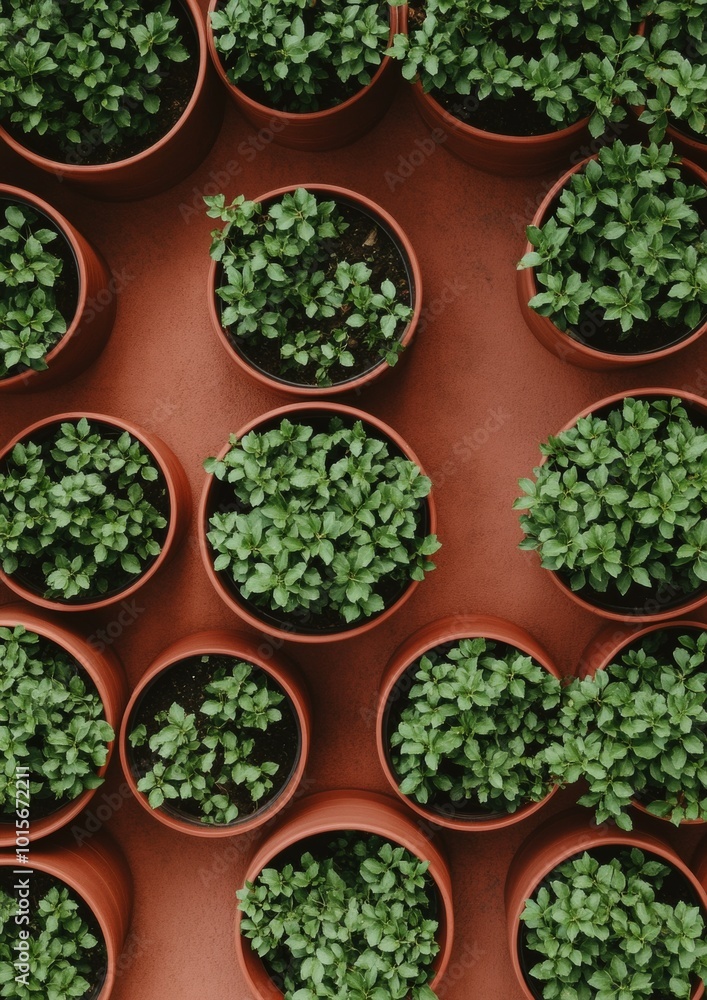 Aufkleber symmetrical aerial view of potted green plants in red circular frames creating a geometric pattern