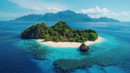 Naklejka premium A tropical island in Indonesia, surrounded by turquoise waters and lush vegetation, is captured in stunning aerial footage.